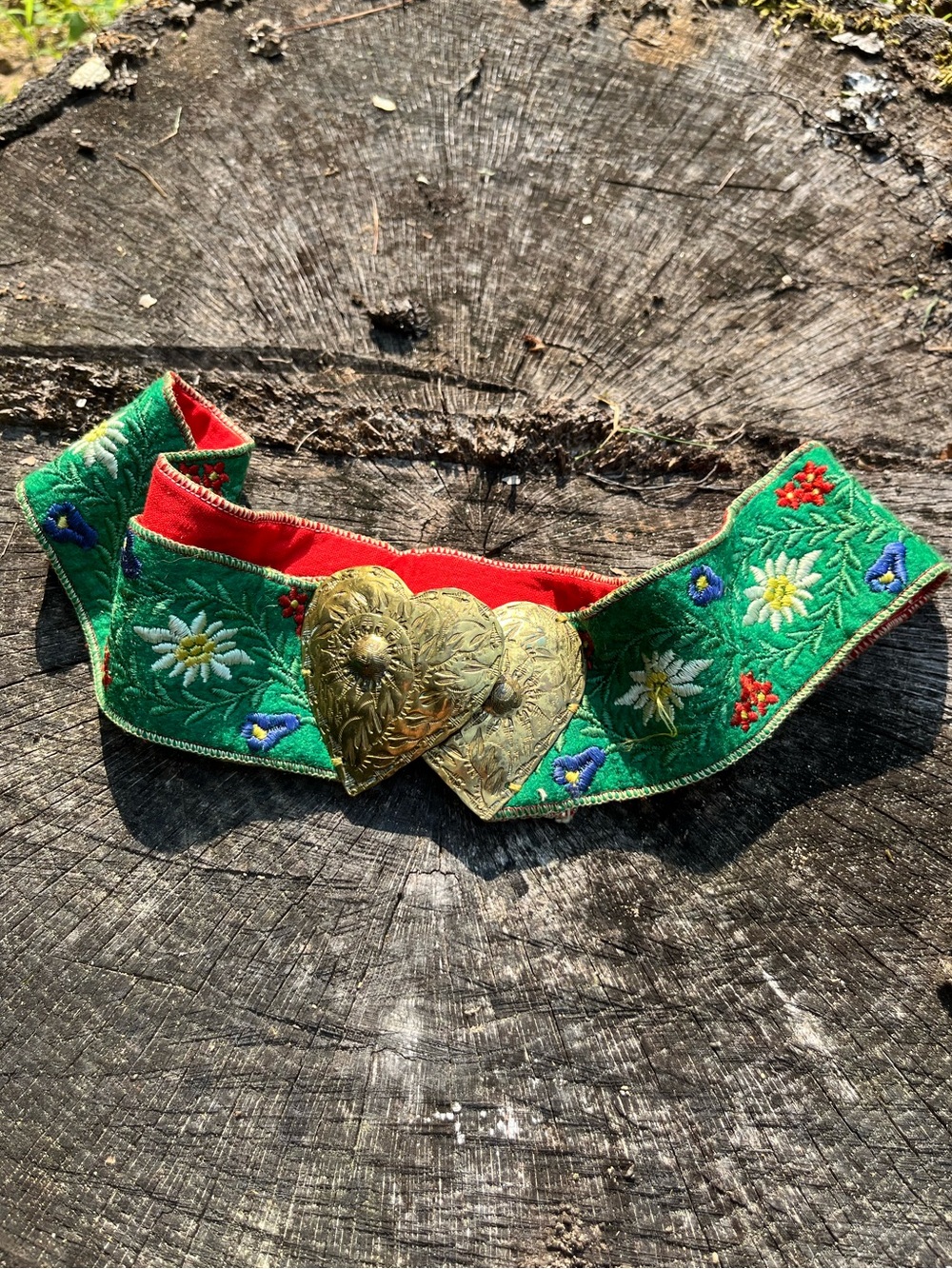 Vintage Handmade Austrian Edelweiss Floral Embroidered Belt Metal Heart Buckle